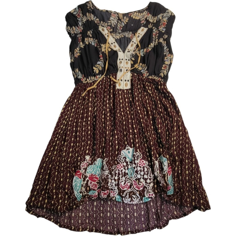 Free People Womens Boho Floral Tunic Blouse Brown Grey Empire Waist Small S/P